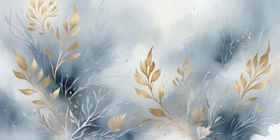 The primary subject of the image is a painting of a leafy plant with gold accents. The setting is a cloudy sky, and the visual style is a watercolor painting. The colors and mood of the painting are predominantly blue and gold, creating a serene and natural atmosphere.